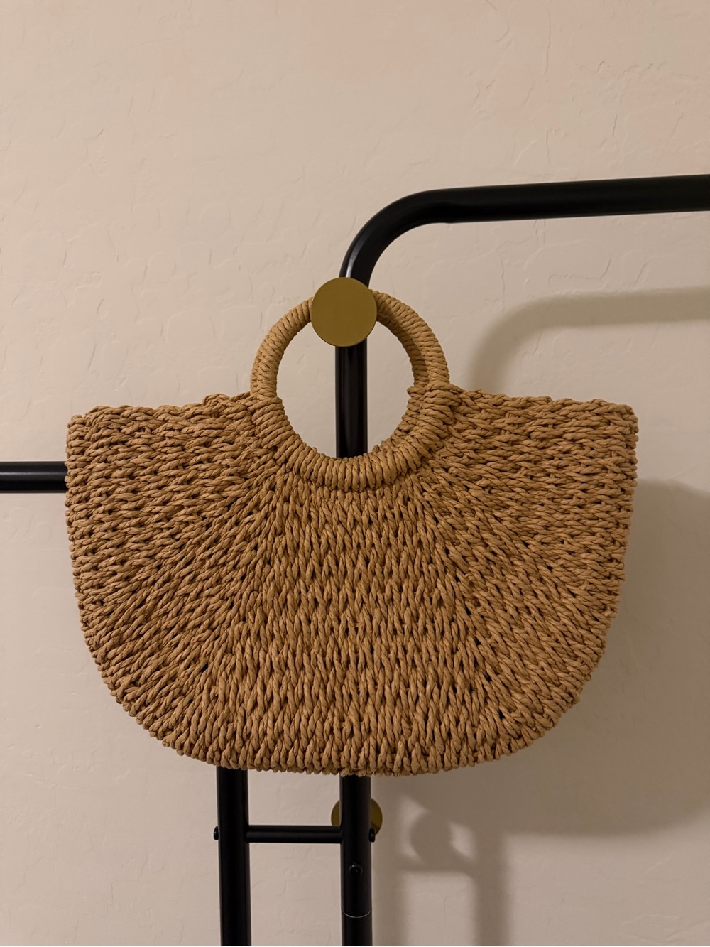 Woven Straw Half-Moon Tote Bag in Natural